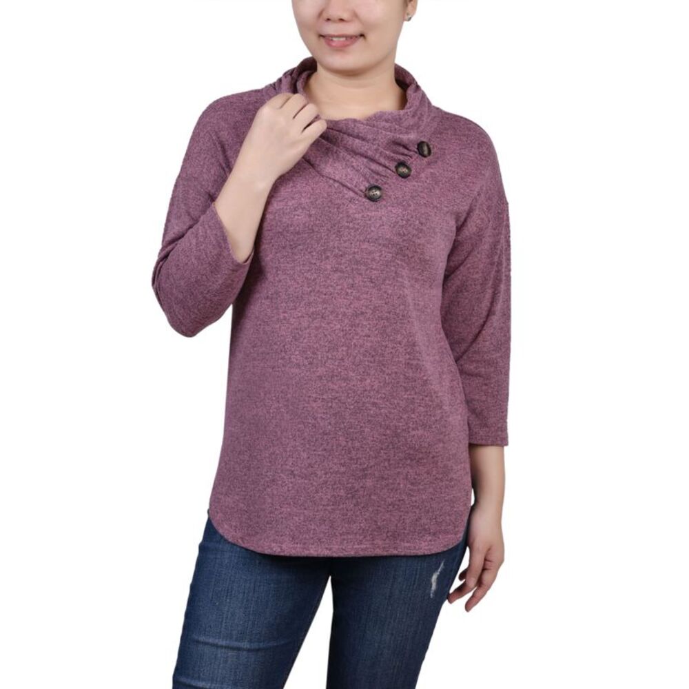 NY Collection Petite 3/4 Sleeve Crossover Cowl Neck Top